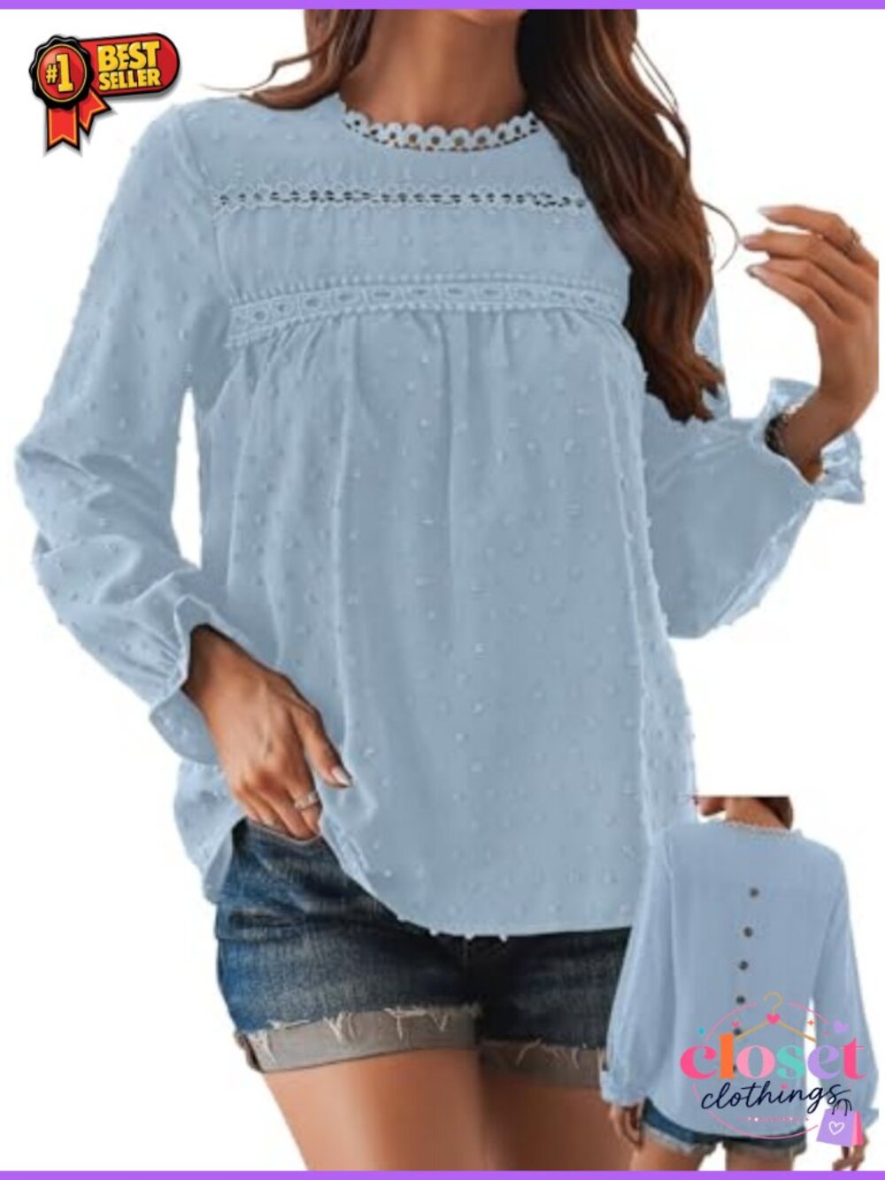 Falechay Womens Boho Ruffle Long Sleeve Crewneck Swiss Dot Tunic Top